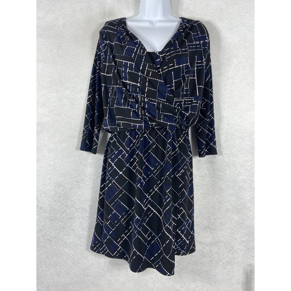 White House Black Market Dress Women's Small‎ Black Blue Faux Wrap Geometric New